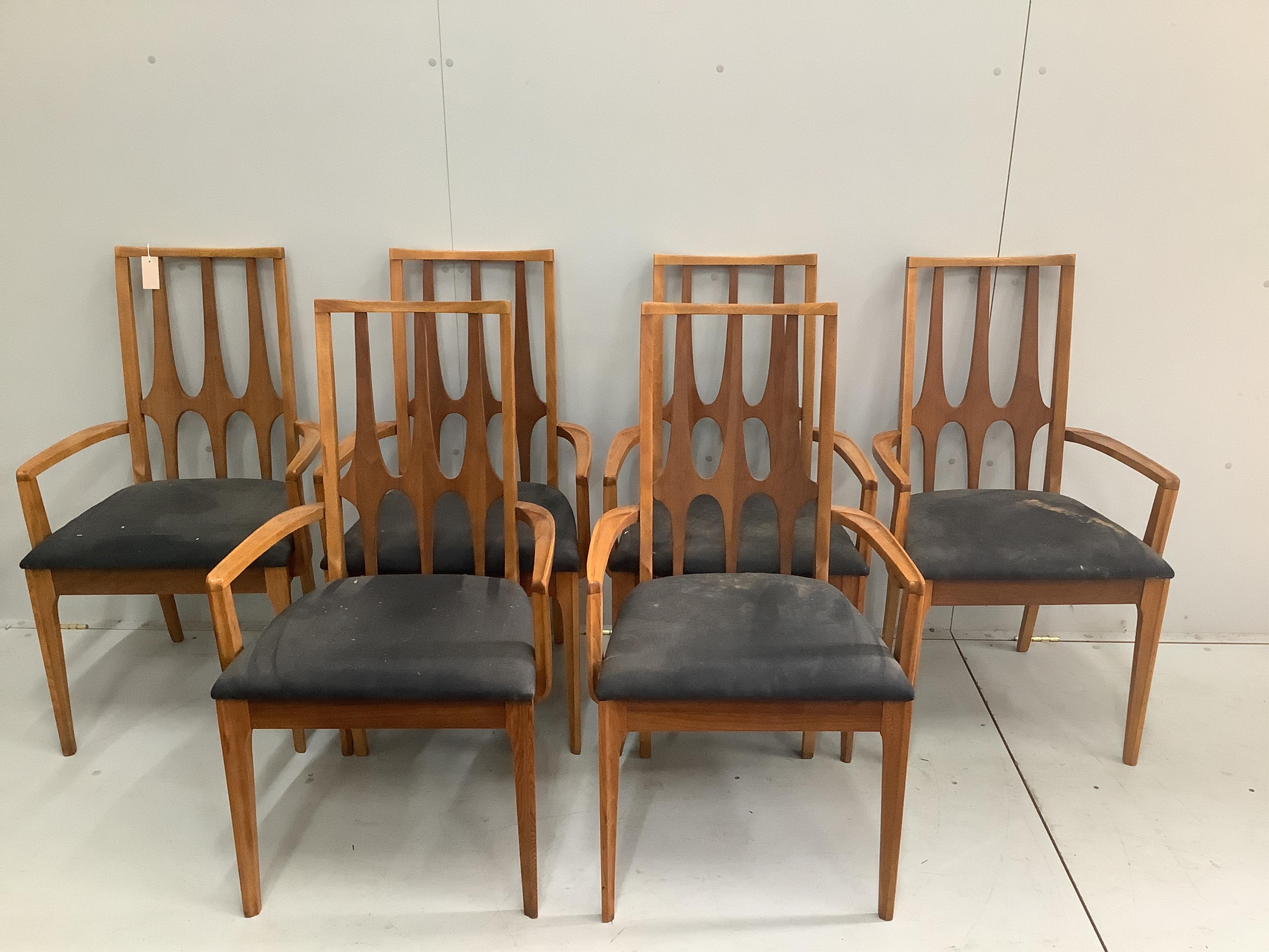 Broyhill, a set of six mid century walnut elbow chairs, width 52cm, depth 45cm, height 96cm. Condition - good, upholstery fair